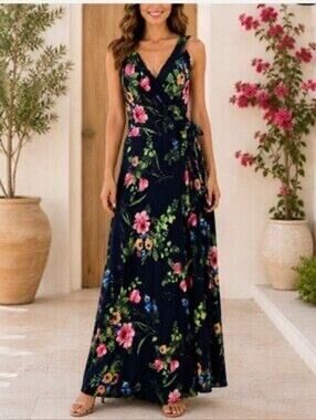Le Lis Floral Maxi Dress Navy Blue Sleeveless Wrap V-Neck Stretch Made in USA M